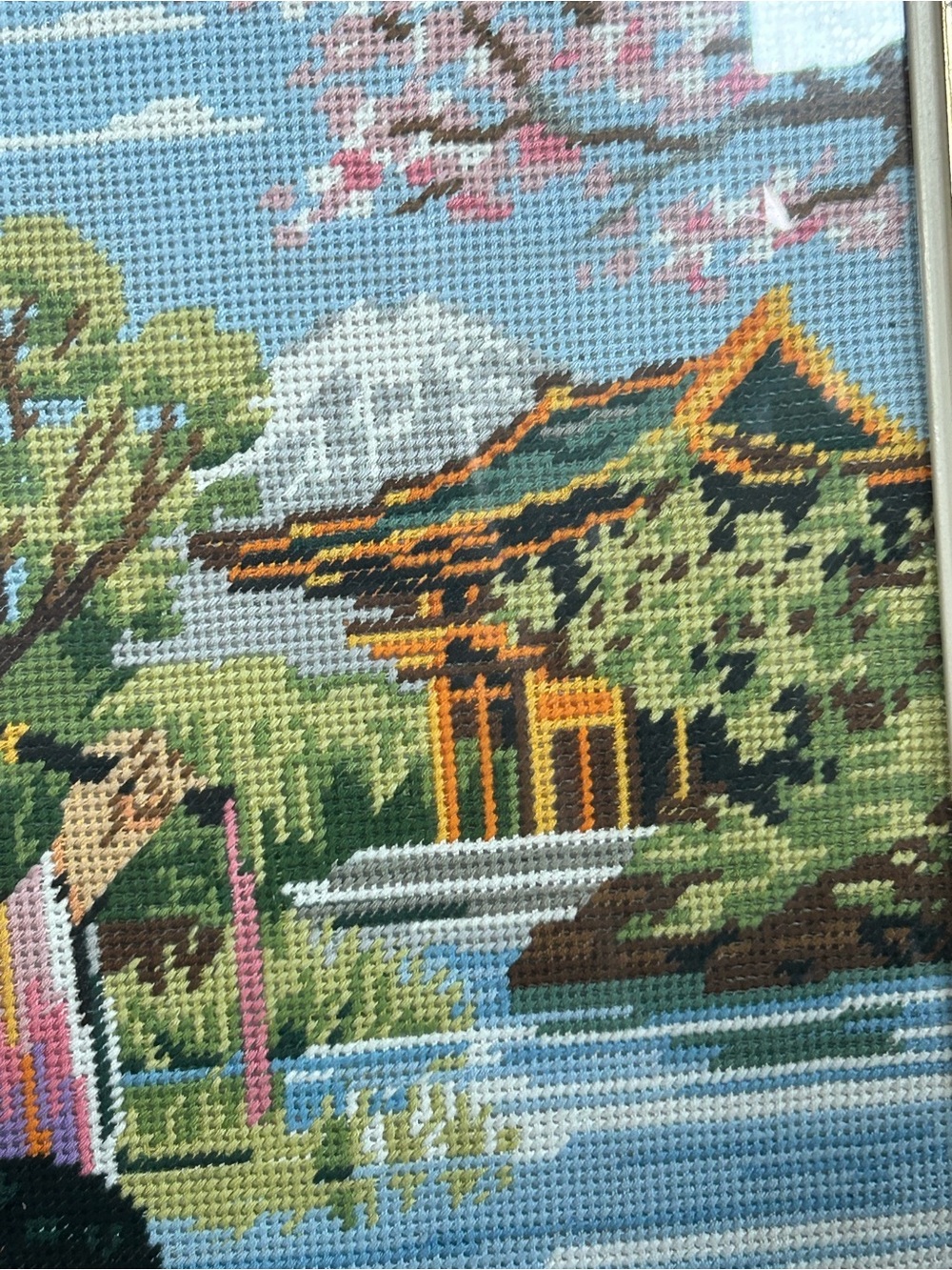 Vintage Framed Japanese Geisha Needlewor – Large Handmade Decor - Picture 3 of 12